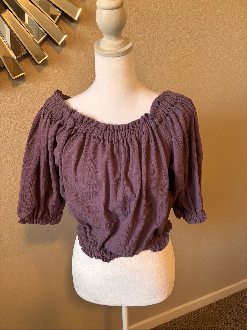 Mauve Smocked Off-Shoulder Crop Top